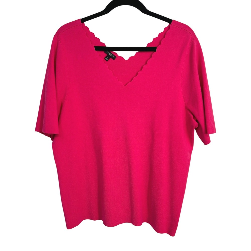Talbots Pink Fine Knit Sweater 2X Scalloped V Neck Elbow Sleeve Preppy Pullover